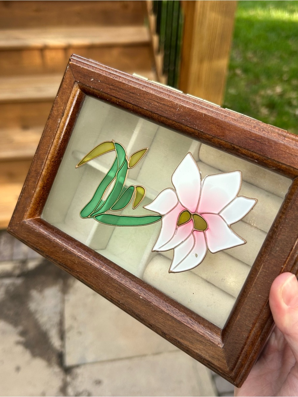 Vintage Solid Wood Jewelry Box Floral Stained Glass